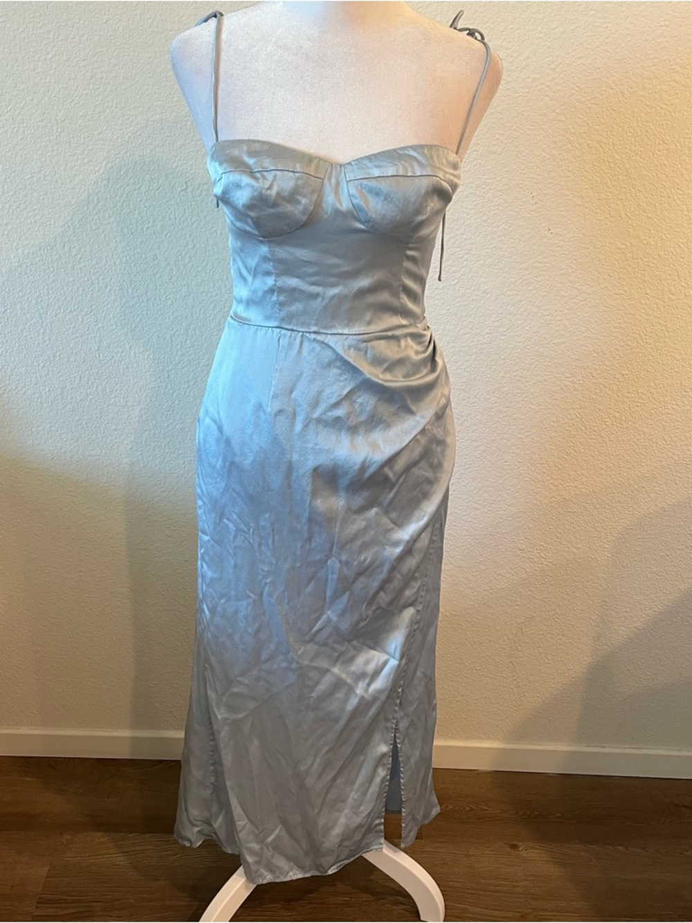 Reformation Light Blue Satin Midi Dress with Tie Straps
